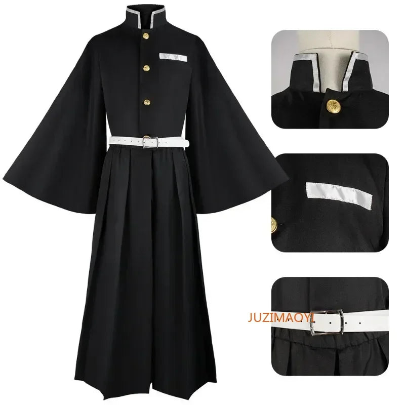 Muichiro Tokito cosplay costume featuring a black long coat with wide sleeves and a white belt