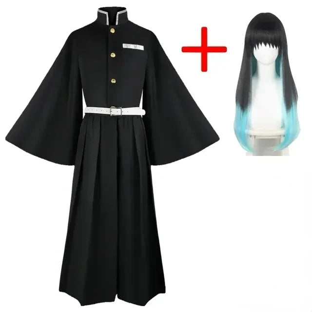 Muichiro Tokito cosplay costume set featuring a long black robe with bell sleeves and an adjustable belt