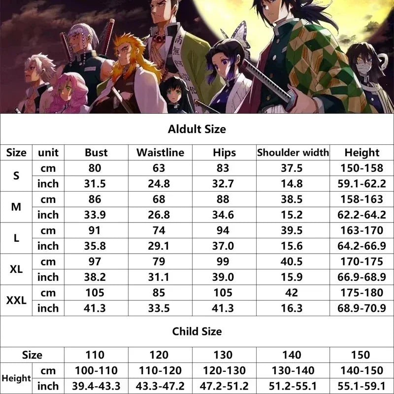 Muichiro Tokito cosplay costume size chart with measurements for adult and child sizes