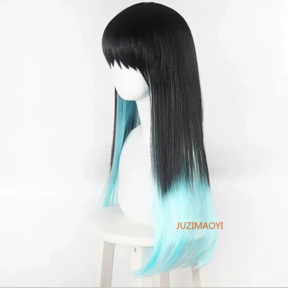 Long black and teal ombre wig ideal for Muichiro Tokito cosplay costume with straight hair design