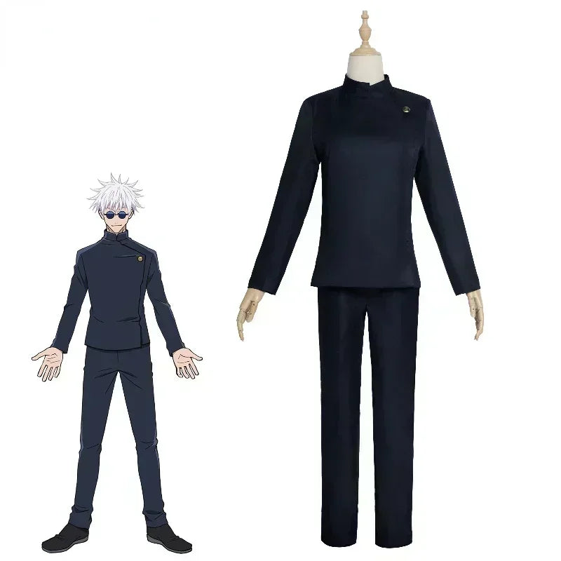 Jujutsu Kaisen Gojo uniform for adults displayed on a mannequin next to an animated character
