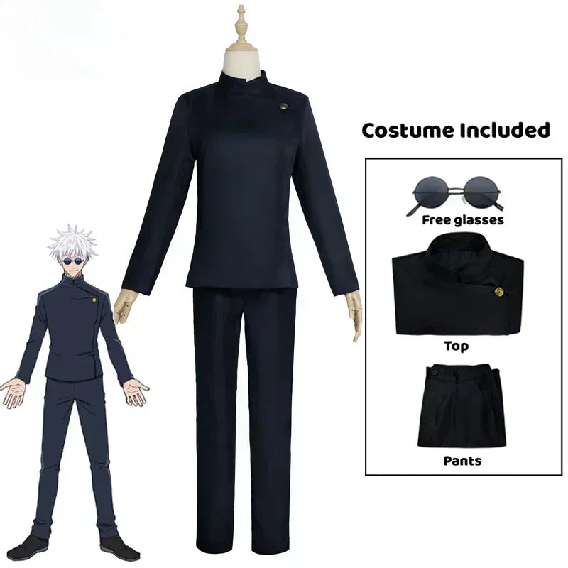 Jujutsu Kaisen Gojo uniform for adults featuring top, pants, and free glasses for cosplay fans