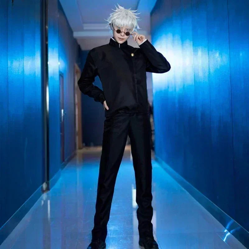 Jujutsu Kaisen Gojo uniform for adults featuring a fitted black jacket and pants, perfect for cosplay.