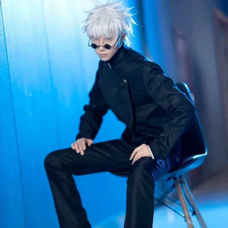 Jujutsu Kaisen Gojo uniform for adults featuring sleek black design and stylish sunglasses