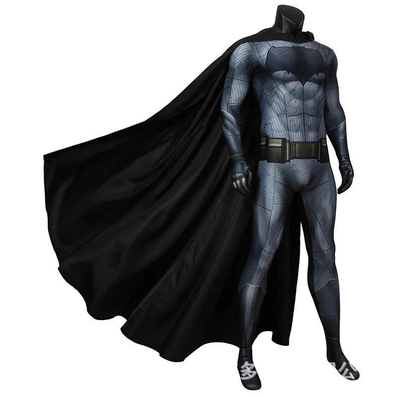 Justice Dawn Batman suit for men featuring a detailed design and flowing black cape for costume events