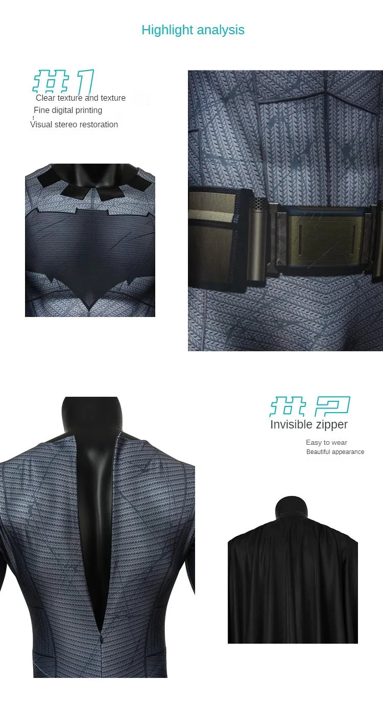 Justice Dawn Batman suit for men featuring detailed texture and an invisible zipper for a sleek look