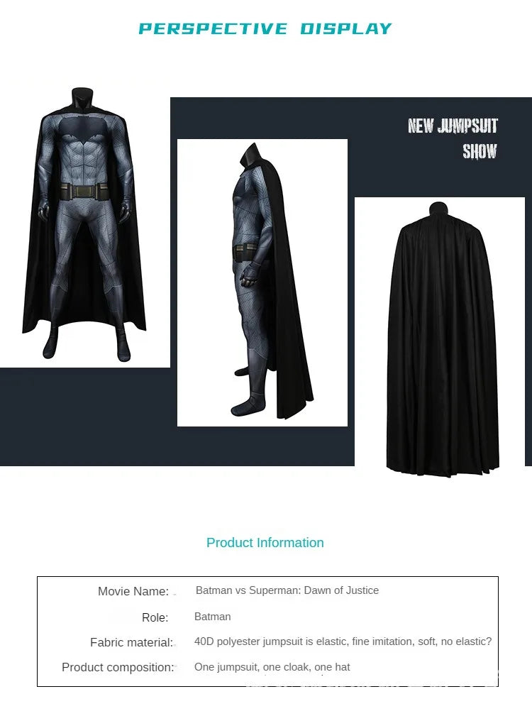 Justice Dawn Batman suit for men with cape and elastic polyester fabric for a perfect fit