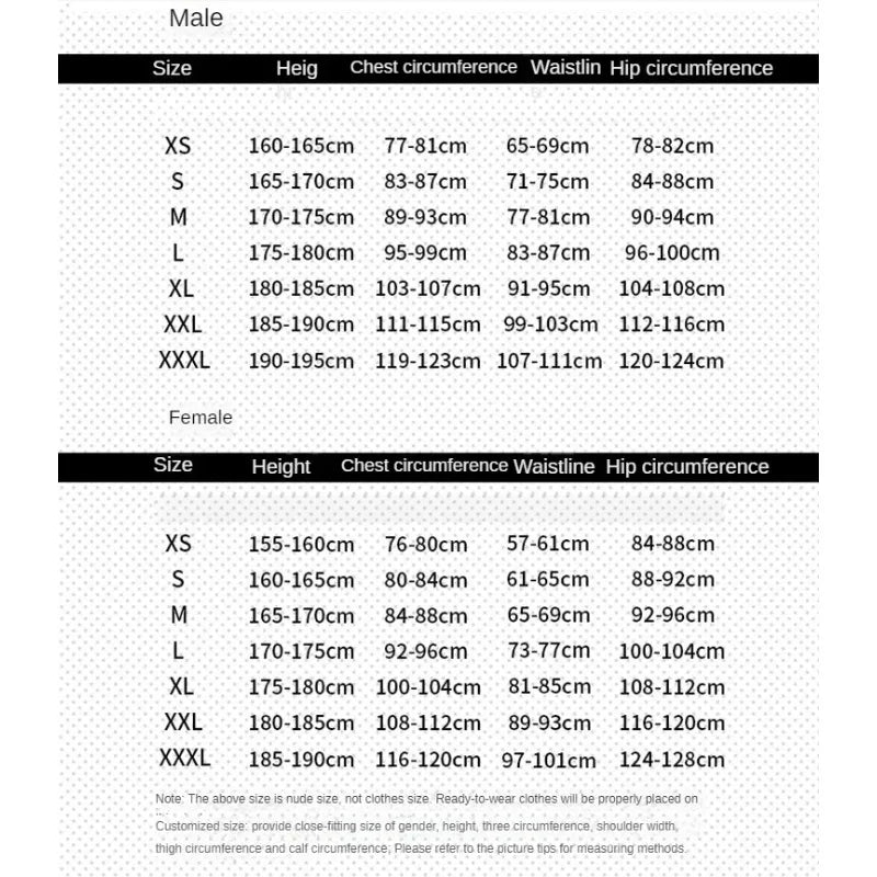 Size chart for Justice Dawn Batman suit for men with measurements for various sizes