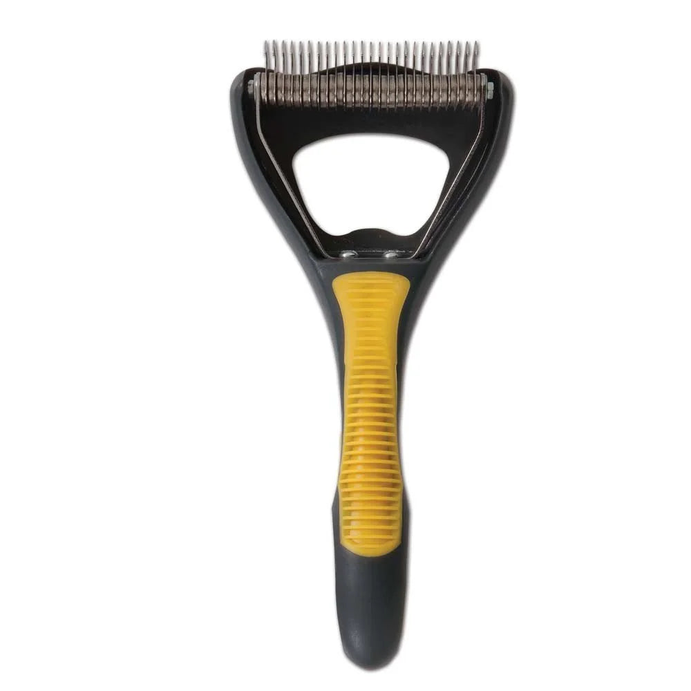Black and yellow pet grooming brush with metal bristles for removing loose fur