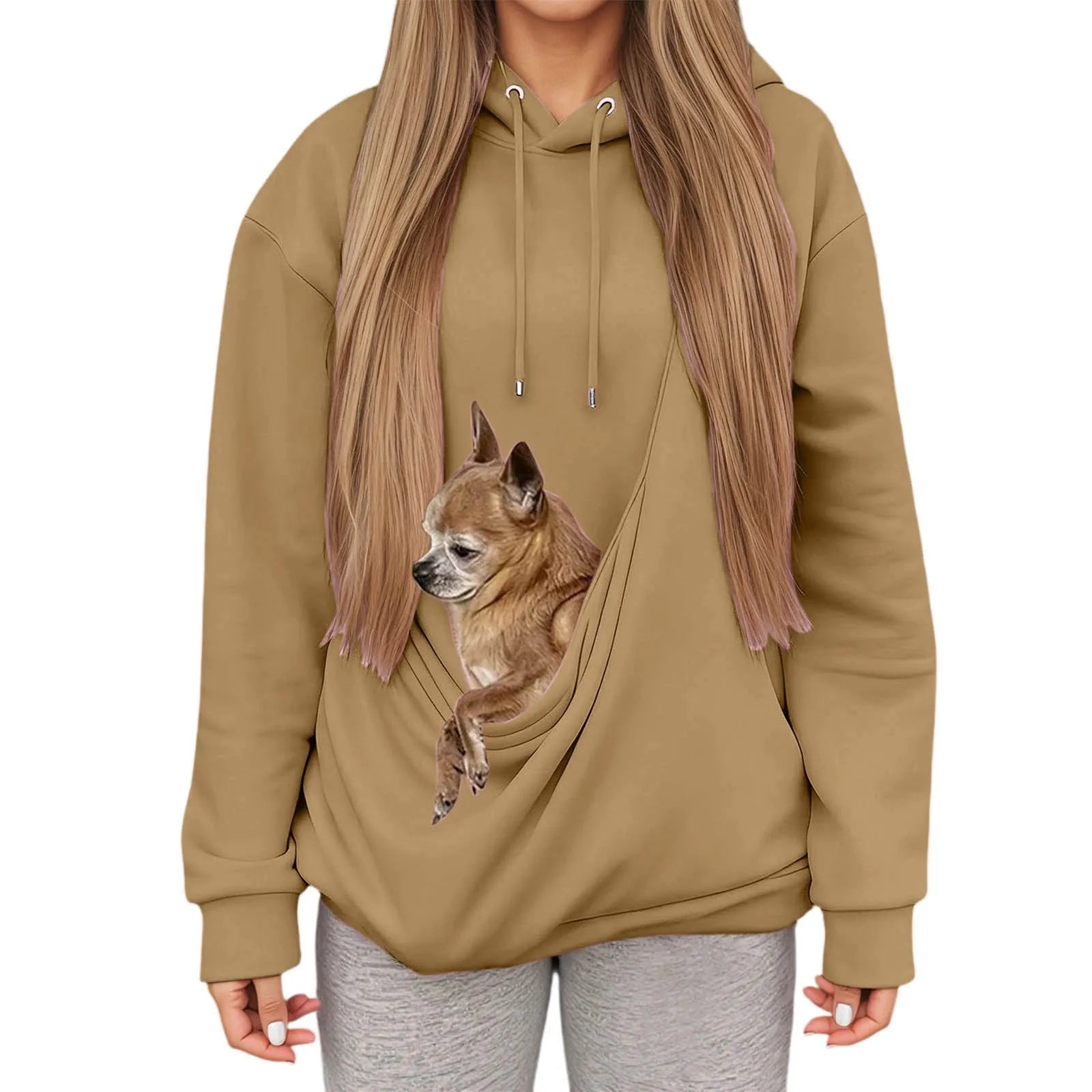 Brown kangaroo pocket pet hoodie for women featuring a dog illustration in the front pocket