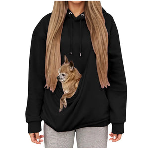 Black kangaroo pocket pet hoodie for women with a cute dog sitting inside