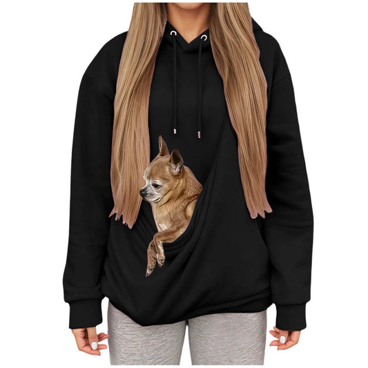 Black kangaroo pocket pet hoodie for women with a cute dog sitting inside