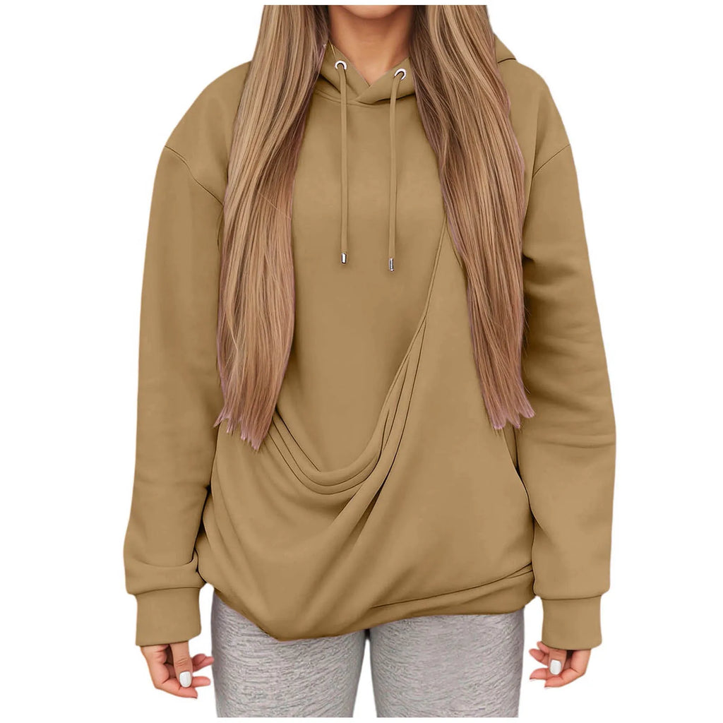 Cozy kangaroo pocket pet hoodie for women in tan color with a relaxed fit and stylish draped design