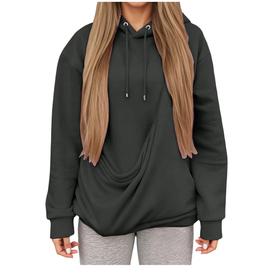 Comfortable black kangaroo pocket pet hoodie for women with a stylish draped design