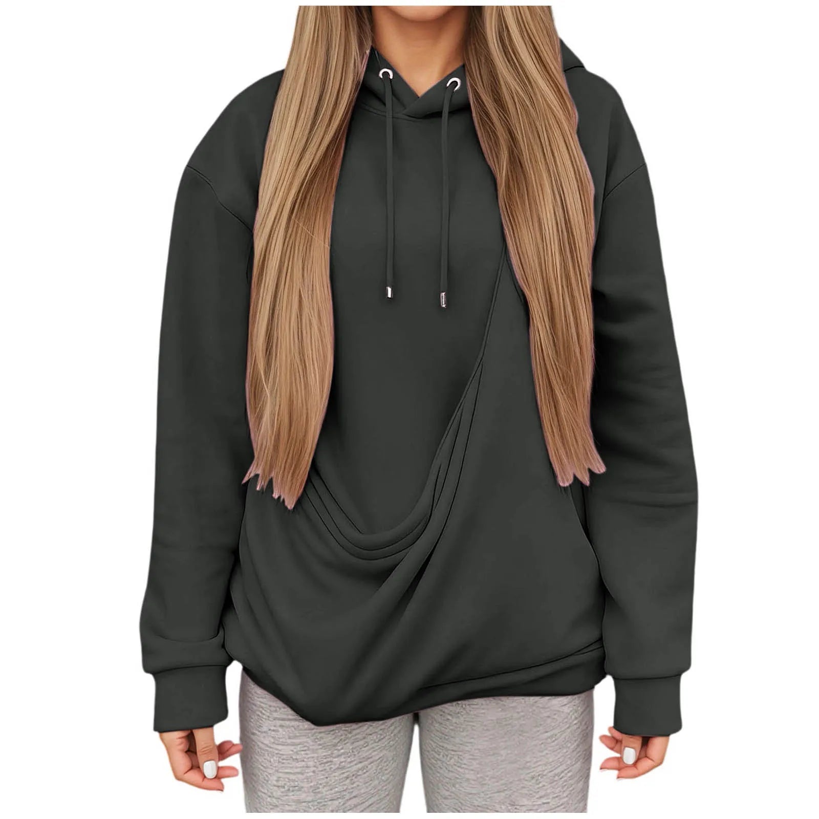 Comfortable black kangaroo pocket pet hoodie for women with a stylish draped design