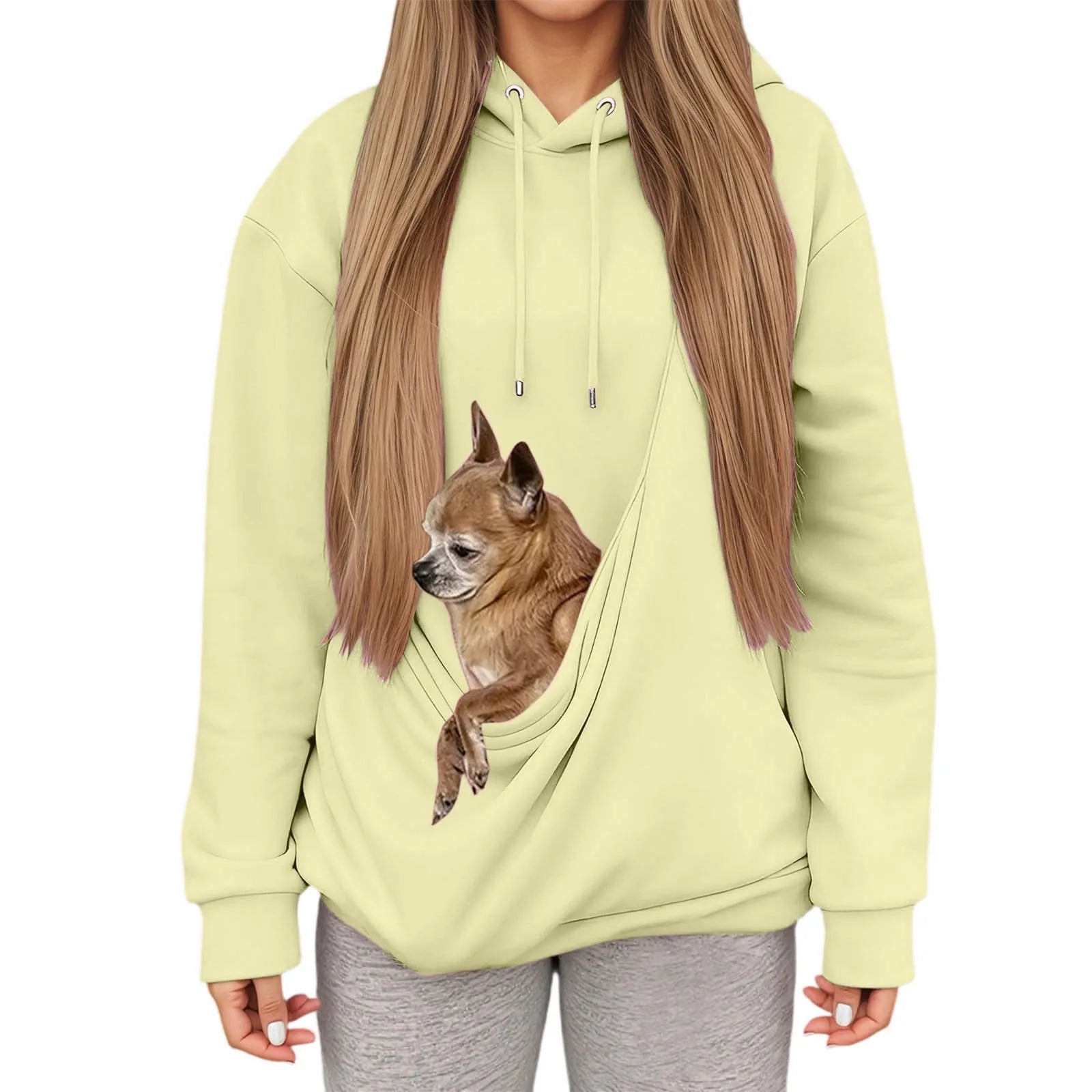 Light green kangaroo pocket pet hoodie for women featuring a small dog in the front pocket