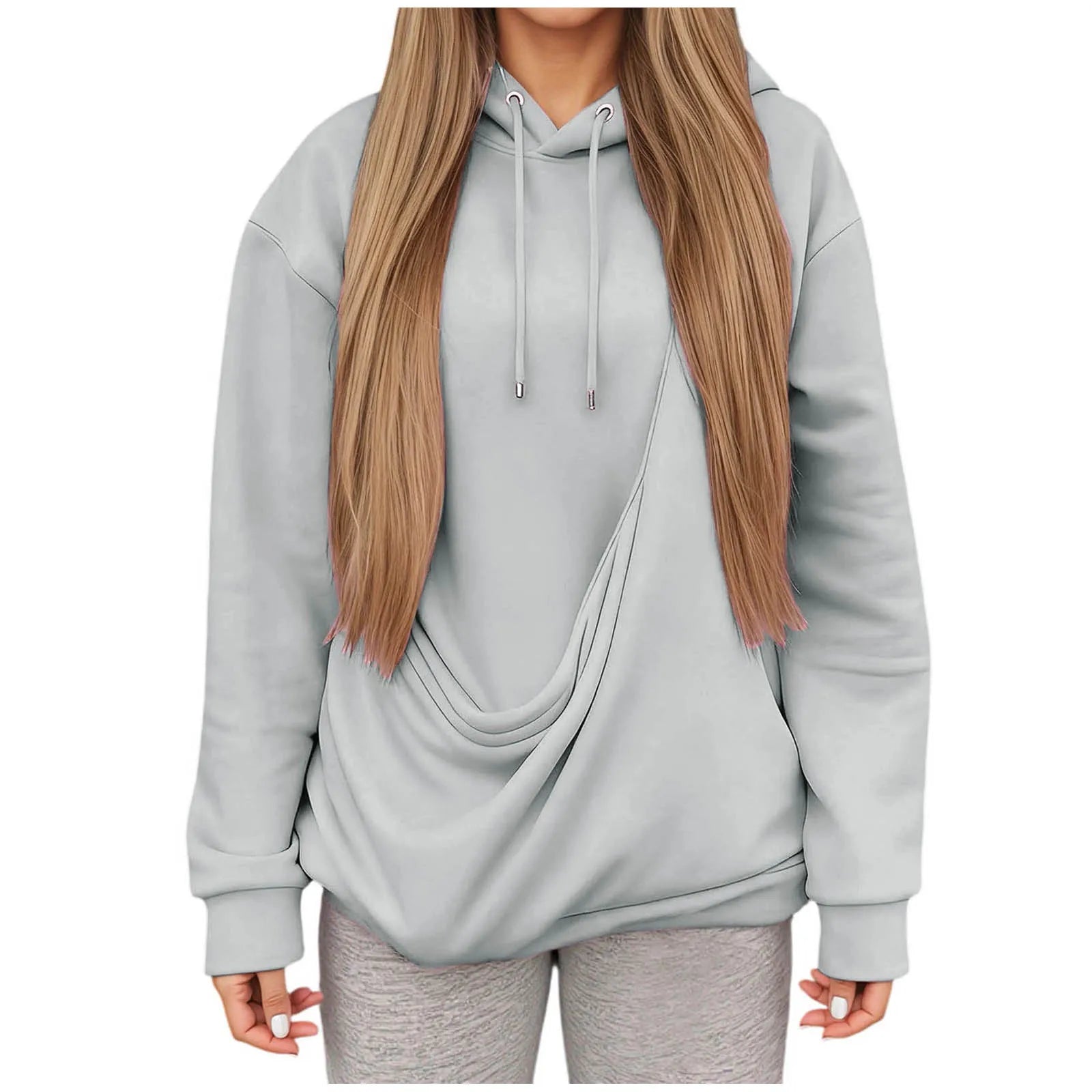 Light gray kangaroo pocket pet hoodie for women with a relaxed fit and stylish draped design