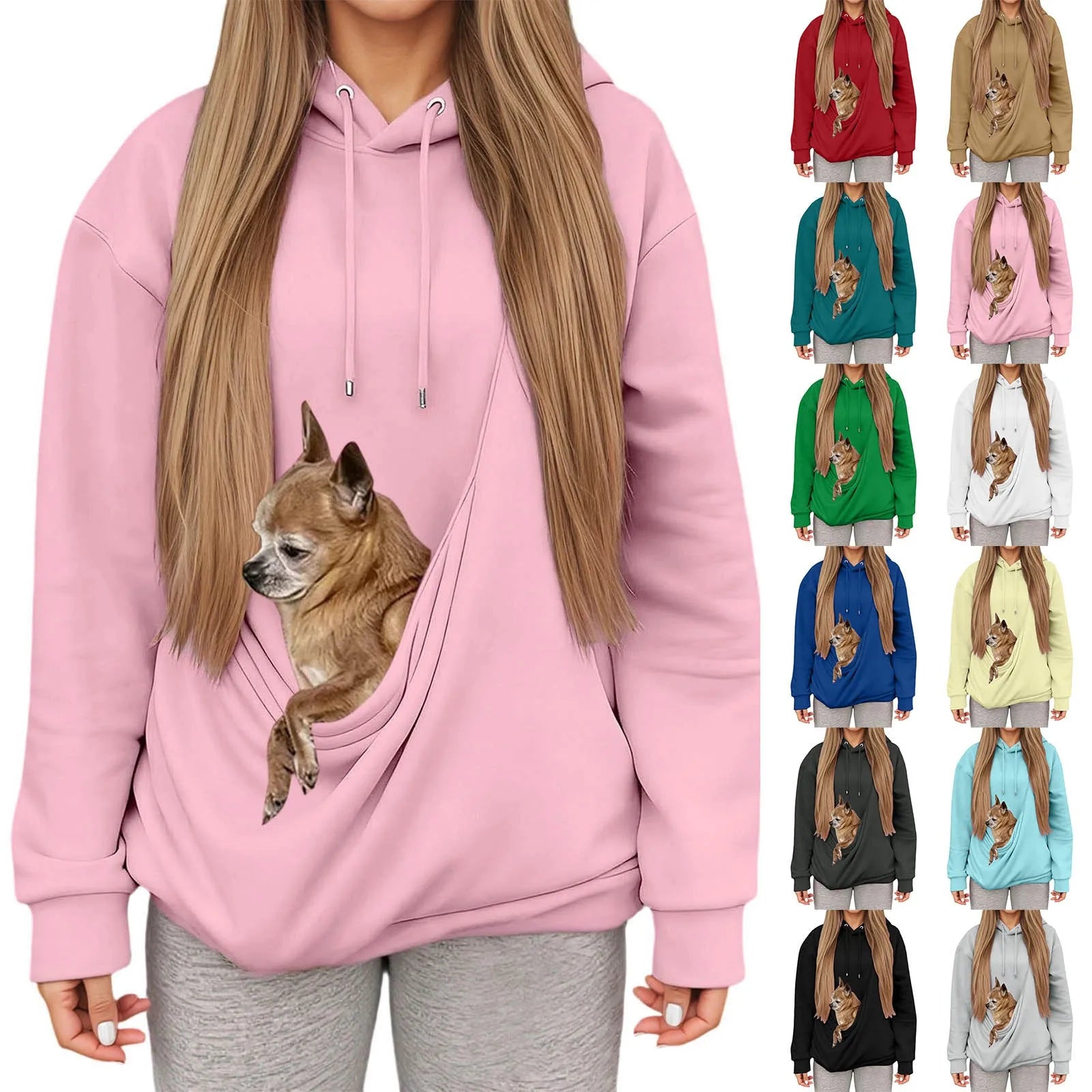 Women's kangaroo pocket pet hoodie for women featuring a cute dog design in a cozy pink color