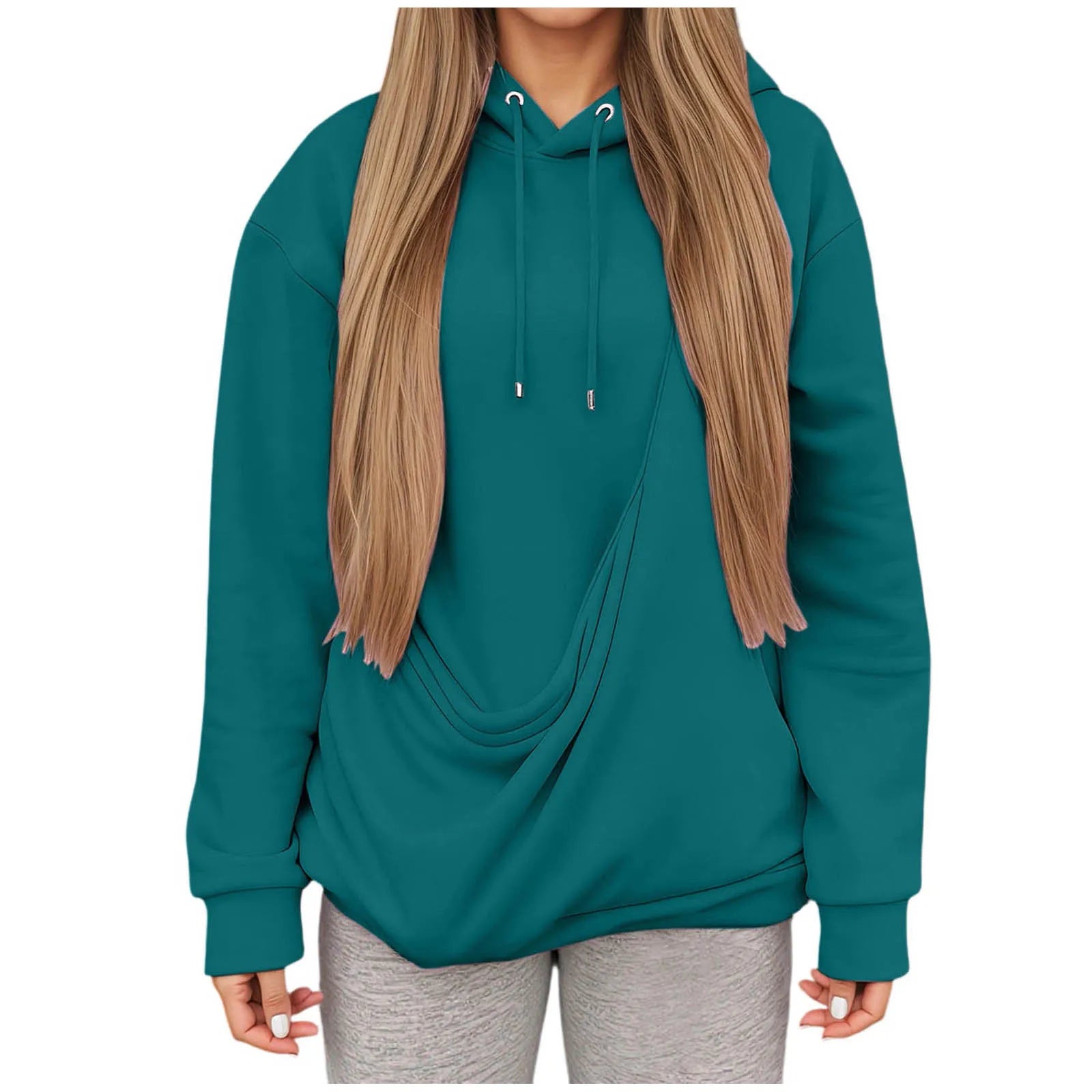 Teal kangaroo pocket pet hoodie for women with a relaxed fit and cozy design
