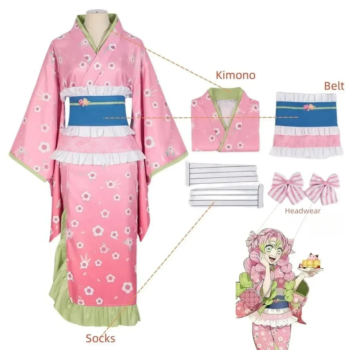 Kanroji Mitsuri cosplay costume featuring a pink kimono, belt, and matching headwear for anime fans