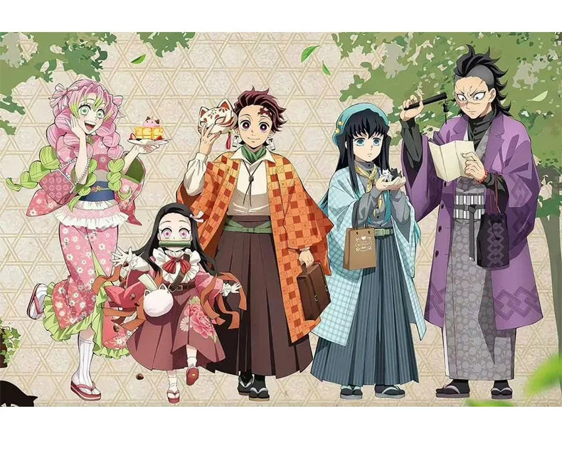 Kanroji Mitsuri cosplay costume displayed with characters from Demon Slayer wearing vibrant traditional outfits