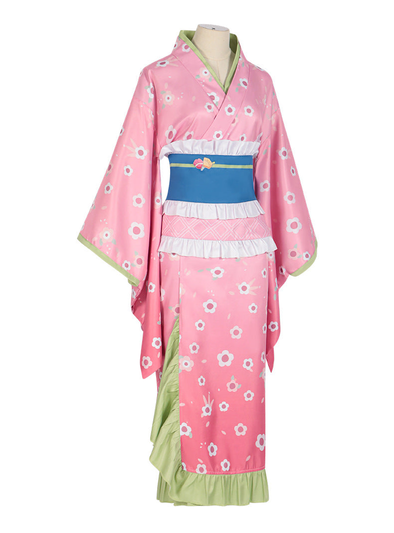 Kanroji Mitsuri cosplay costume in pink with floral patterns and layered design perfect for events and conventions