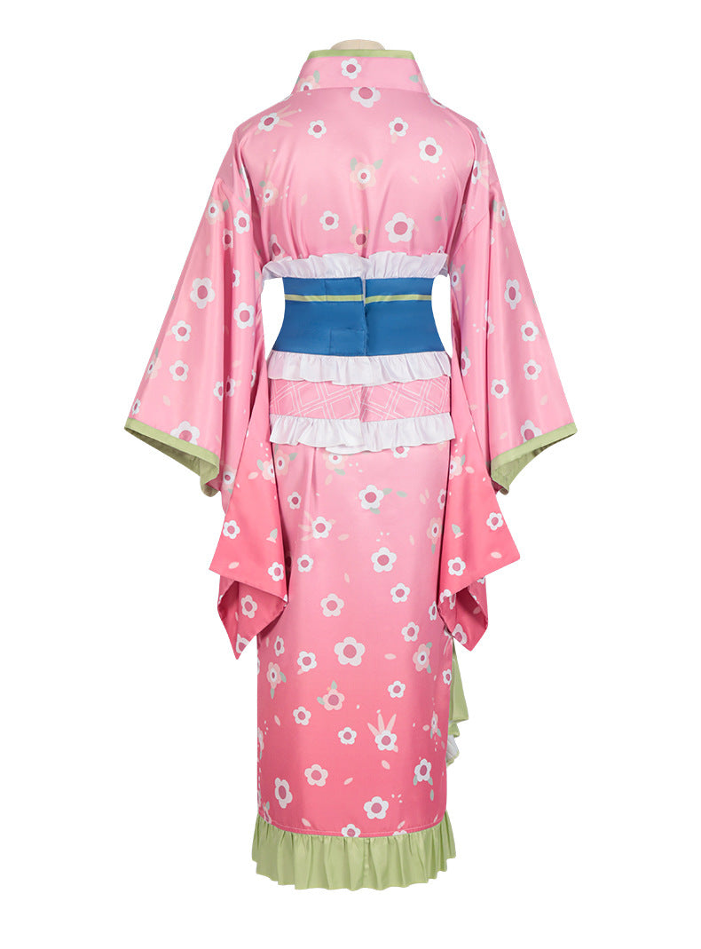 Back view of Kanroji Mitsuri cosplay costume with pink floral design and layered details