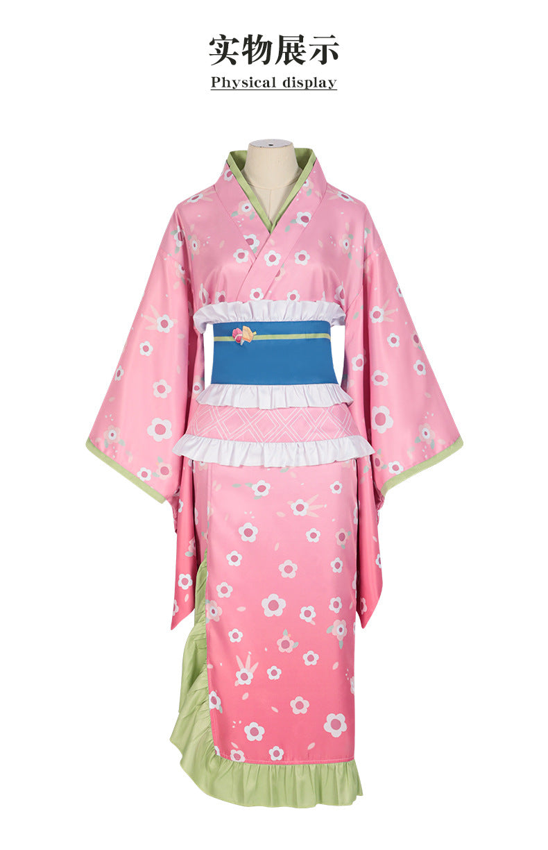 Kanroji Mitsuri cosplay costume in pink with floral design and layered skirt for anime fans