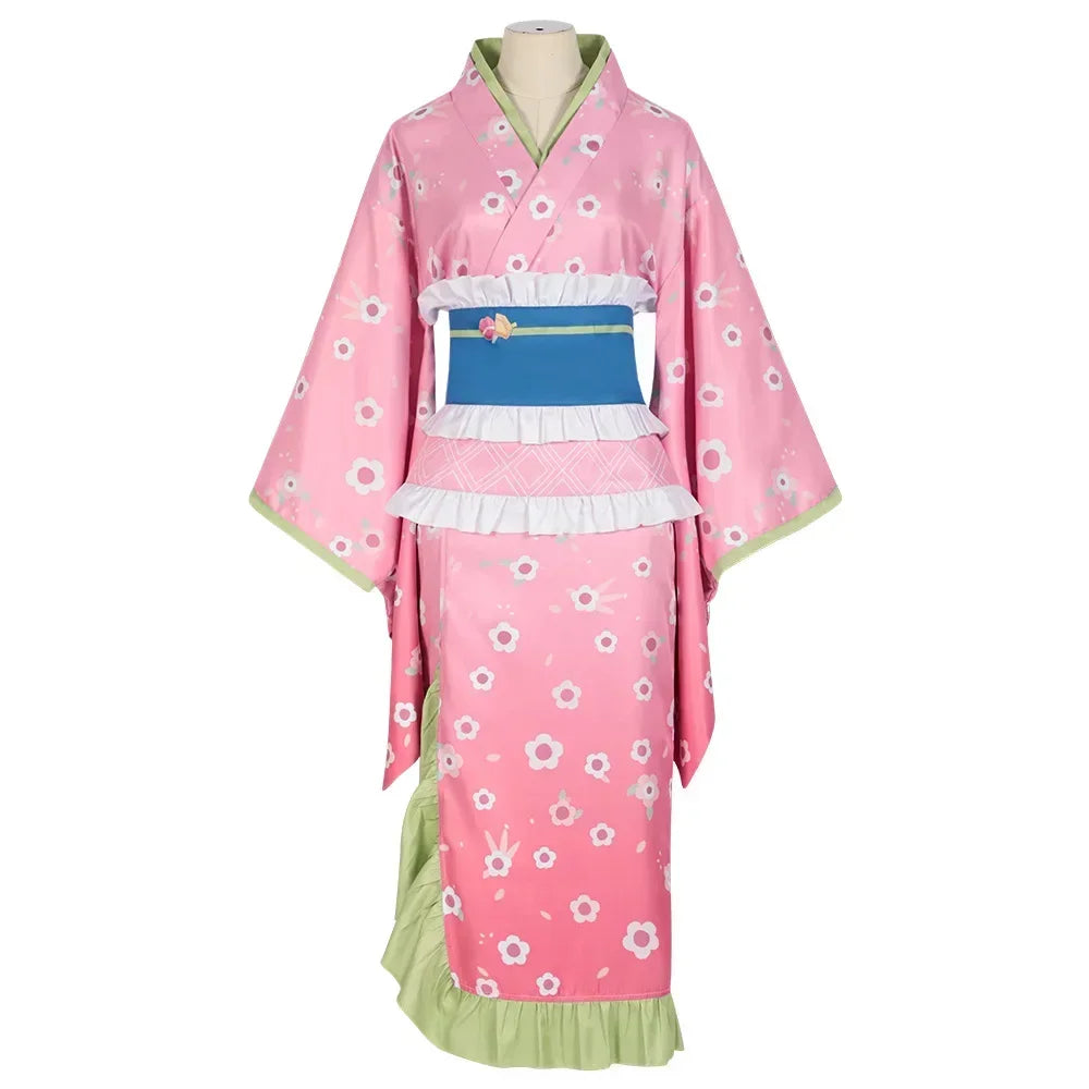 Kanroji Mitsuri cosplay costume in pink with floral patterns and layered design for anime fans