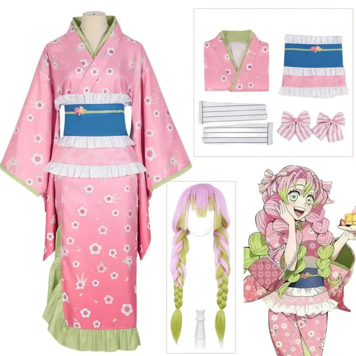 Kanroji Mitsuri cosplay costume featuring pink kimono and accessories for anime fans