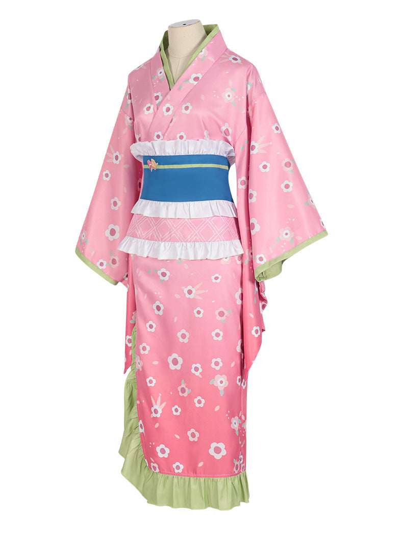 Kanroji Mitsuri cosplay costume with pink floral pattern and layered detailing for anime fans