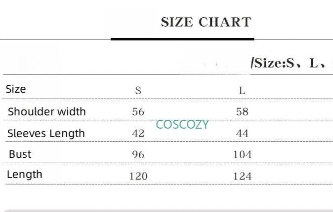 Size chart for Kanroji Mitsuri cosplay costume with measurements for S, L, and 2XL sizes.