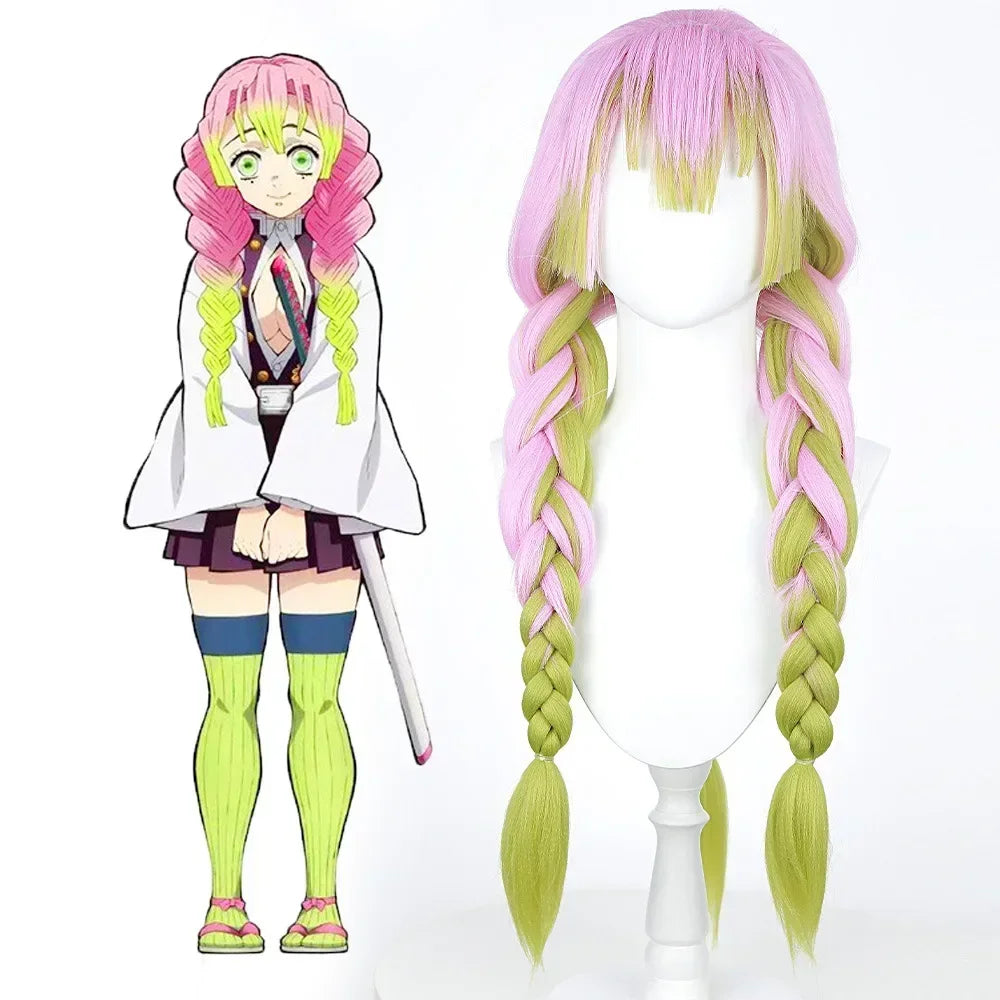 Kanroji Mitsuri cosplay costume featuring braided pink and green hair with a traditional outfit