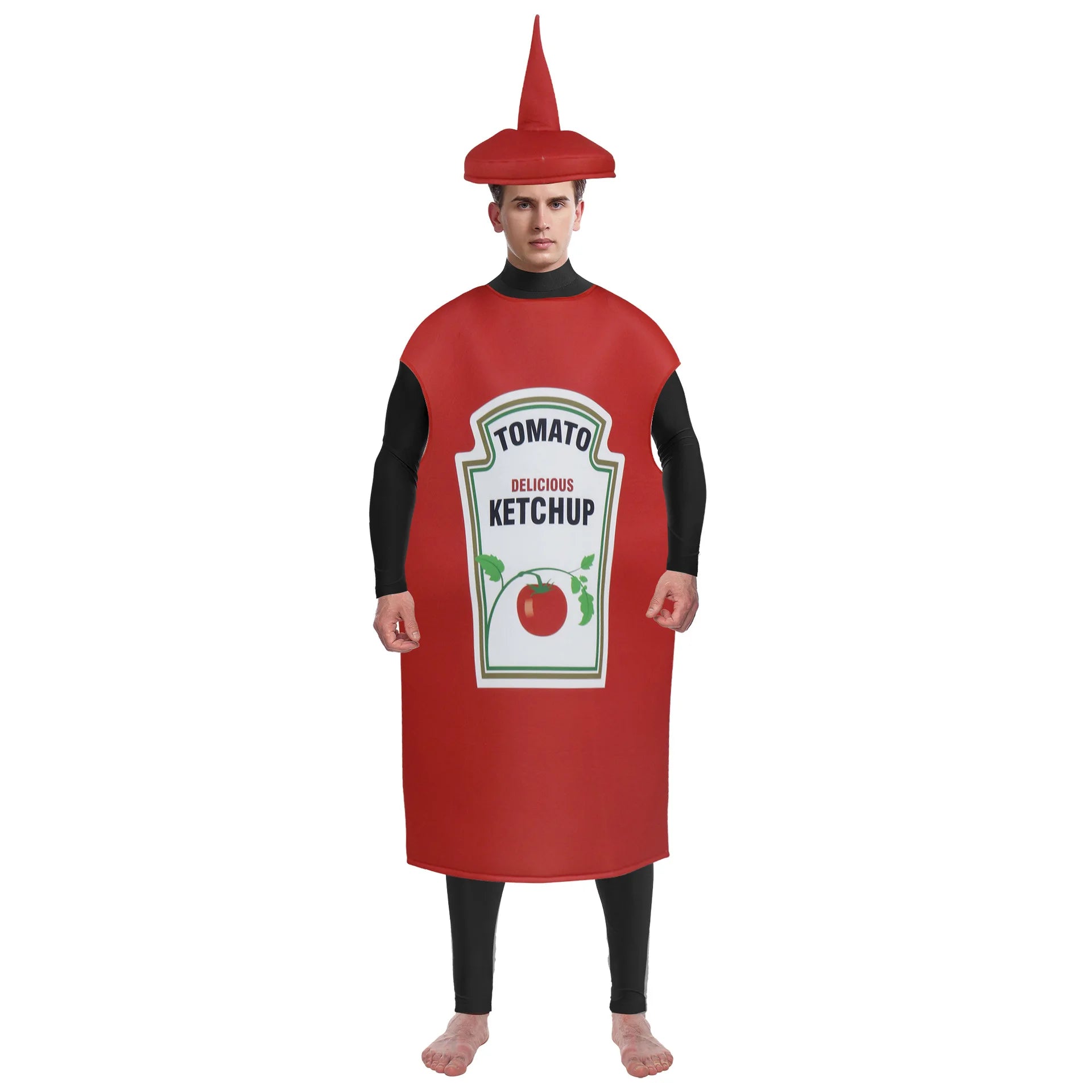 Ketchup and mustard costume set featuring a ketchup bottle outfit with a funnel hat for fun events