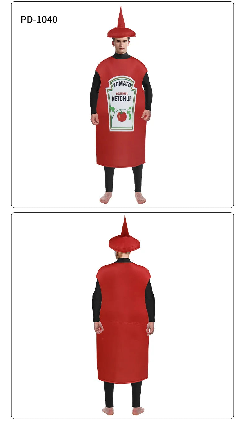 Ketchup and mustard costume set featuring a red ketchup outfit with a bottle label design