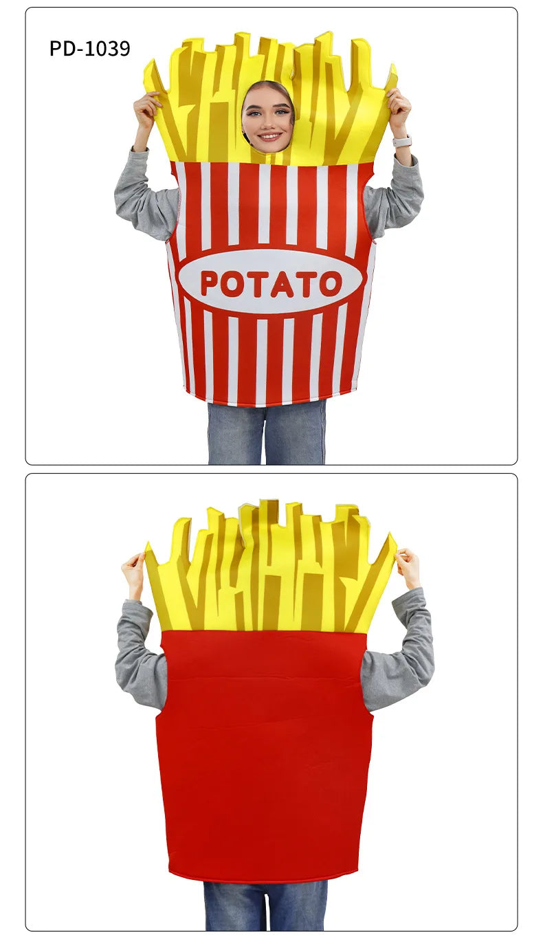 Fun potato-themed costume with a large fries design, perfect for pairing with a ketchup and mustard costume set