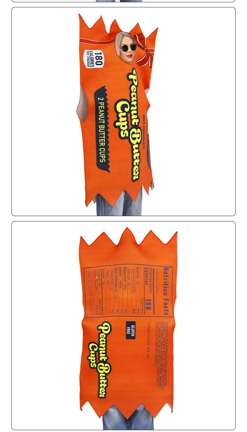 Peanut Butter Cups Halloween Costume featuring a realistic snack wrapper design