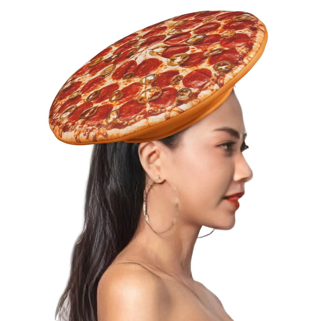 Ketchup and mustard costume set featuring a playful pizza hat with vibrant pepperoni design