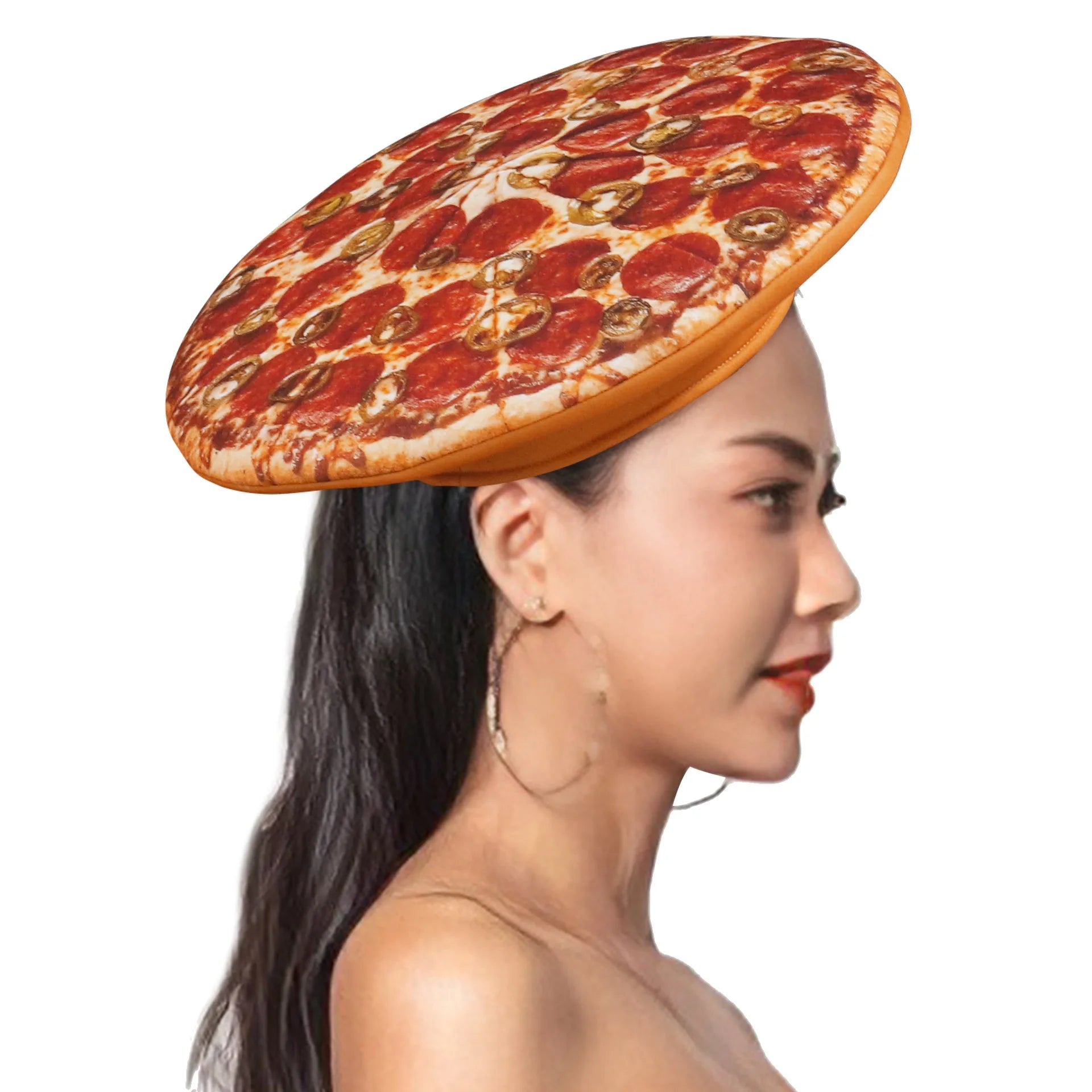 Ketchup and mustard costume set featuring a playful pizza hat with vibrant pepperoni design
