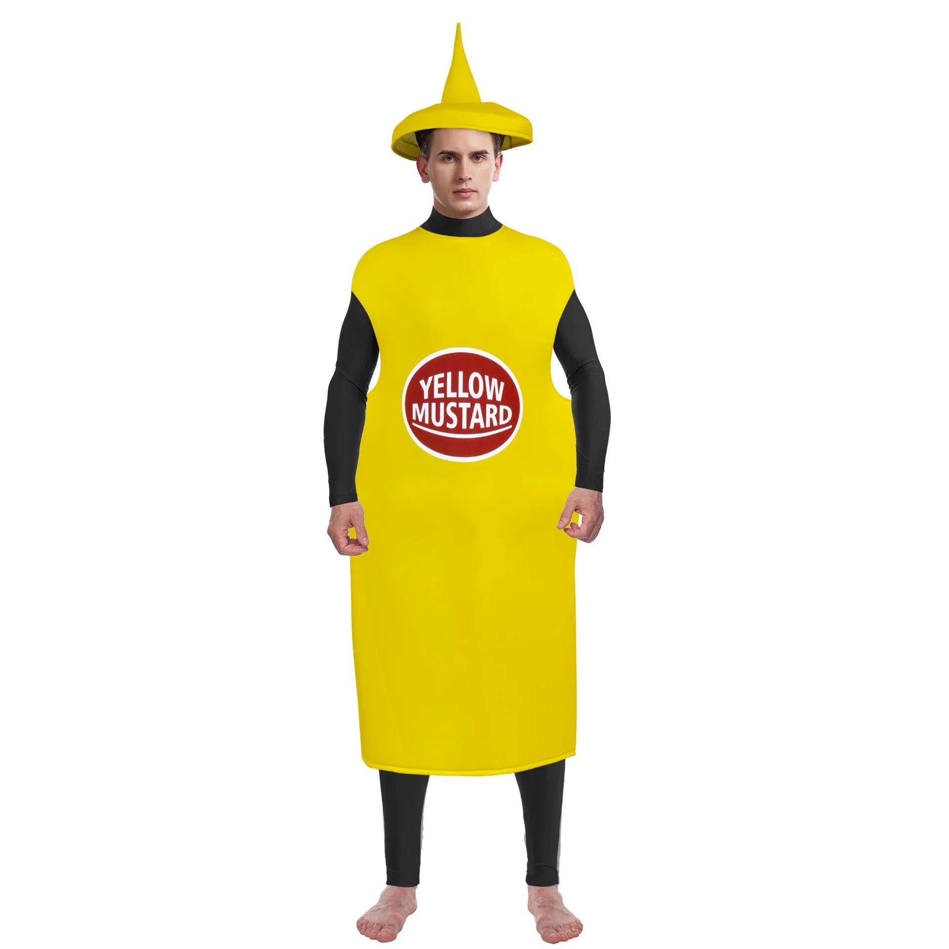 Person wearing a bright yellow mustard costume from the ketchup and mustard costume set