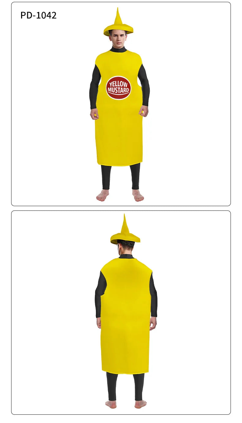Fun yellow mustard costume with hat from Zoomies & Co, perfect for themed parties or Halloween, ketchup and mustard costume set