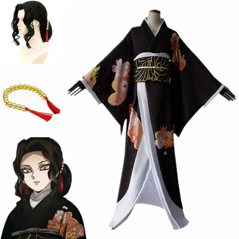 Kibutsuji Muzan cosplay costume featuring a black kimono with colorful designs and accessories