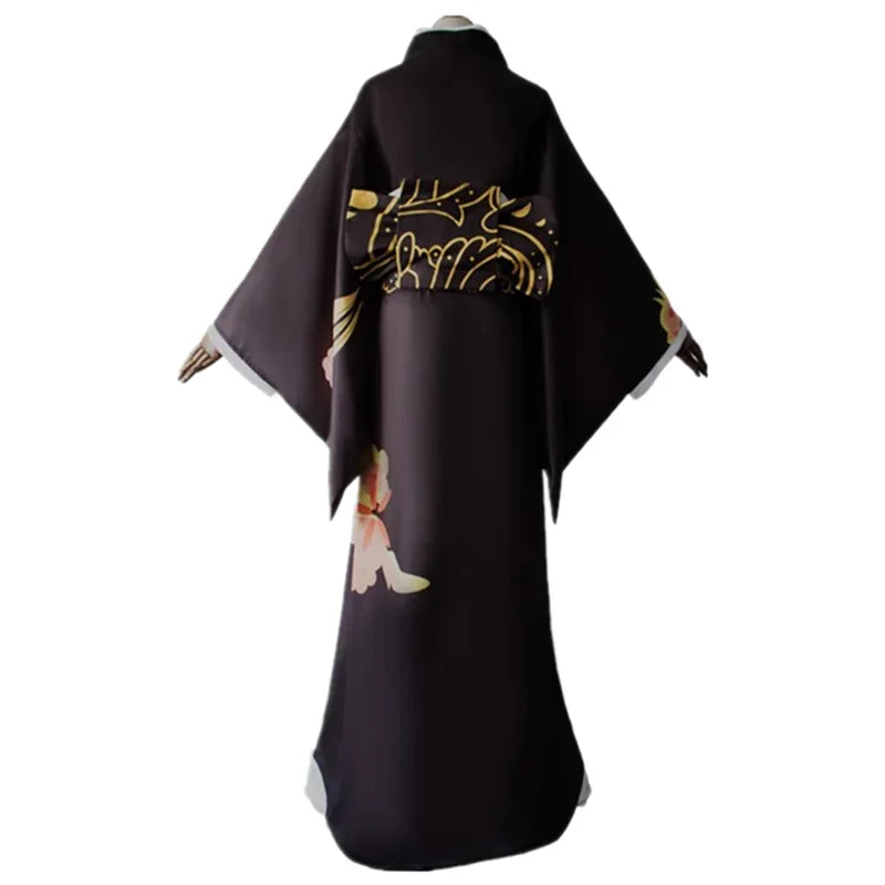 Kibutsuji Muzan cosplay costume featuring intricate floral patterns on a dark kimono design