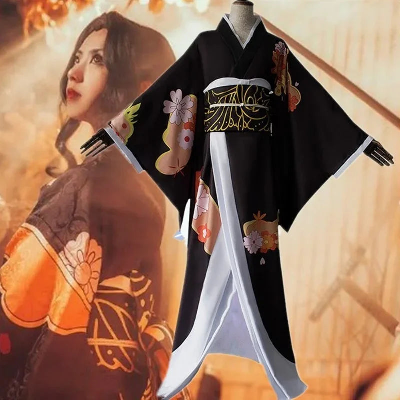 Elegant Kibutsuji Muzan cosplay costume with floral designs and flowing sleeves for fans