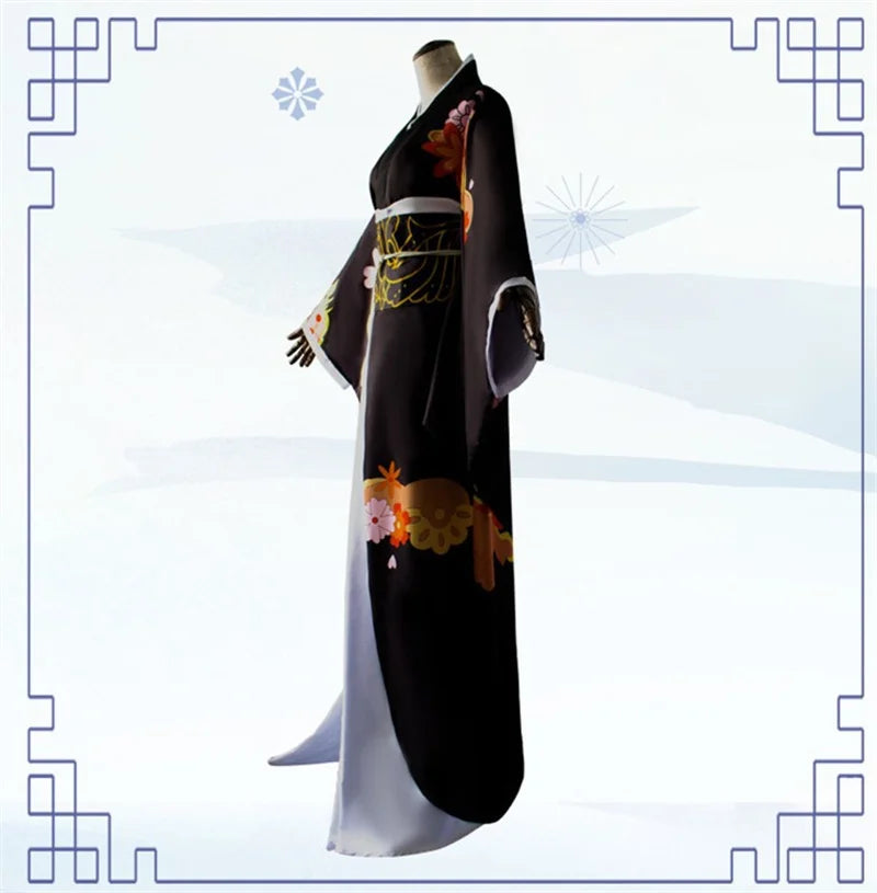 Kibutsuji Muzan cosplay costume featuring elegant black kimono with floral designs