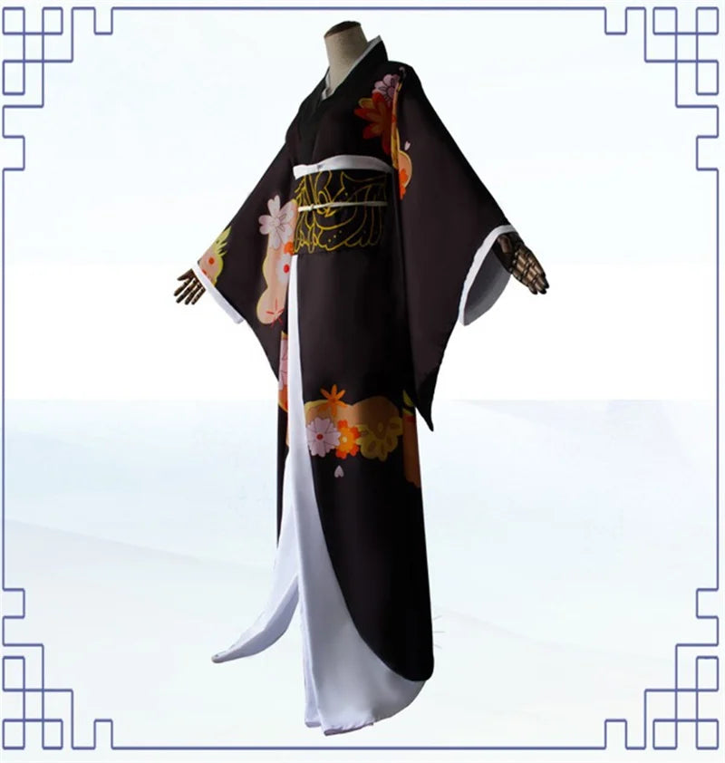 Kibutsuji Muzan cosplay costume featuring elegant black kimono with colorful patterns and flowing sleeves