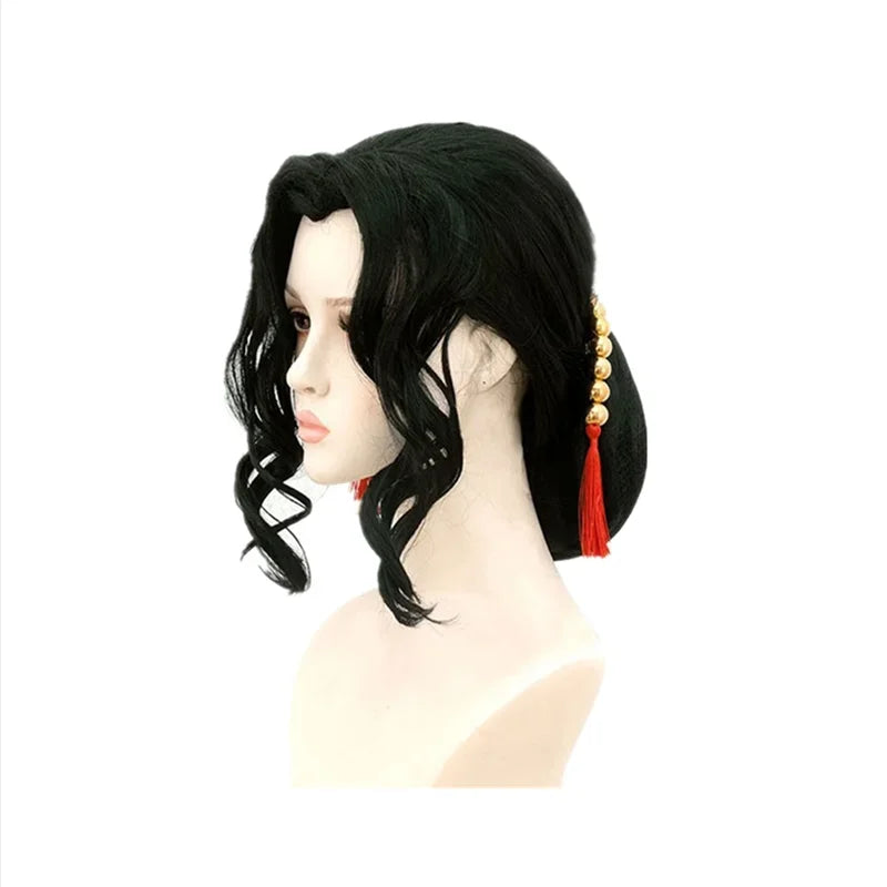 Kibutsuji Muzan cosplay costume wig with elegant curls and decorative red tassel for anime fans