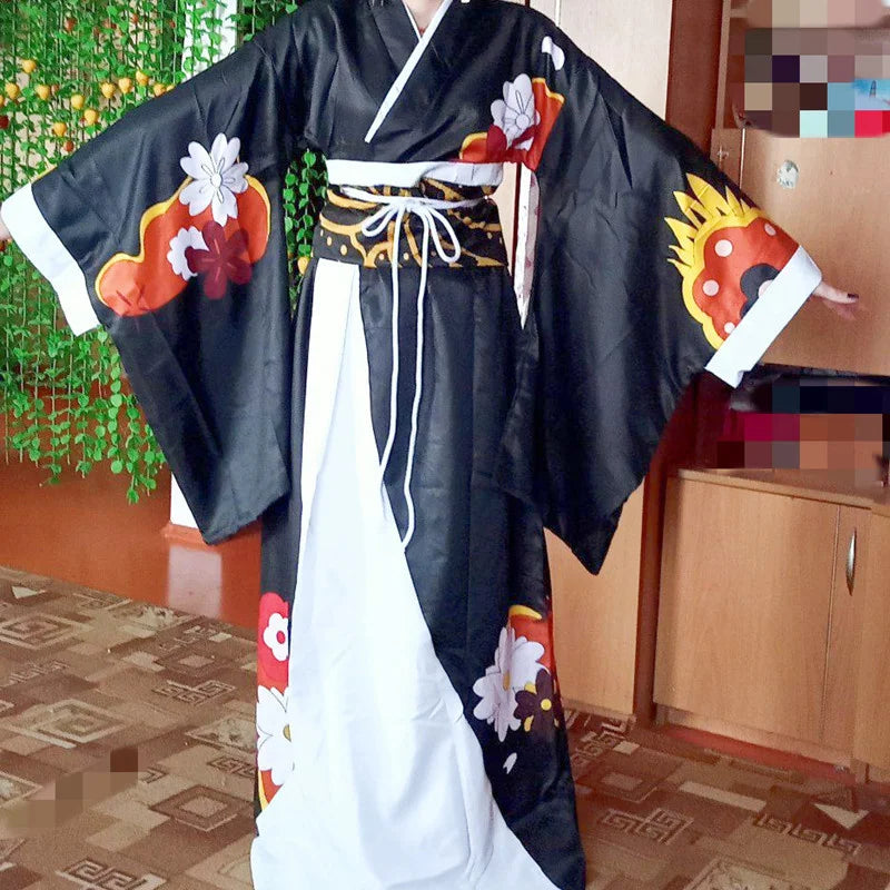 Kibutsuji Muzan cosplay costume featuring a traditional black kimono with colorful floral designs