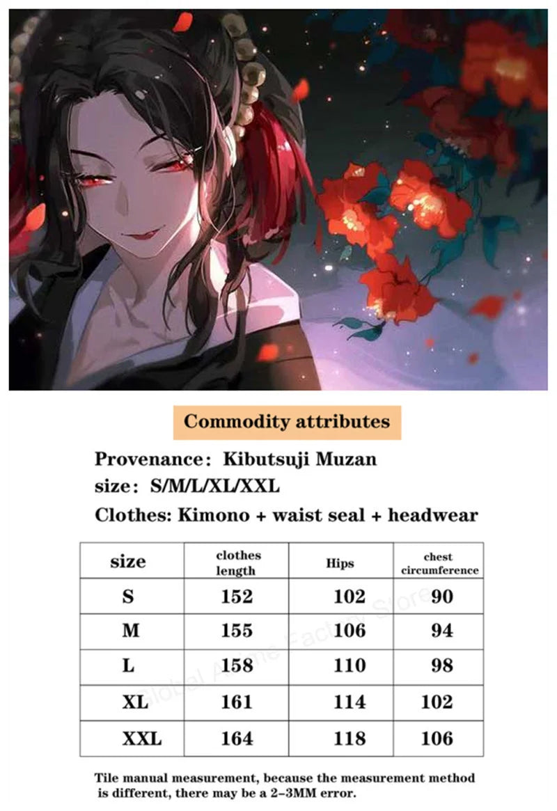 Kibutsuji Muzan cosplay costume featuring kimono, waist seal, and headwear in various sizes