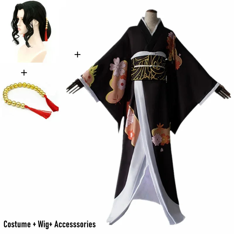 Kibutsuji Muzan cosplay costume featuring kimono dress, accessories, and a black wig with red ribbon